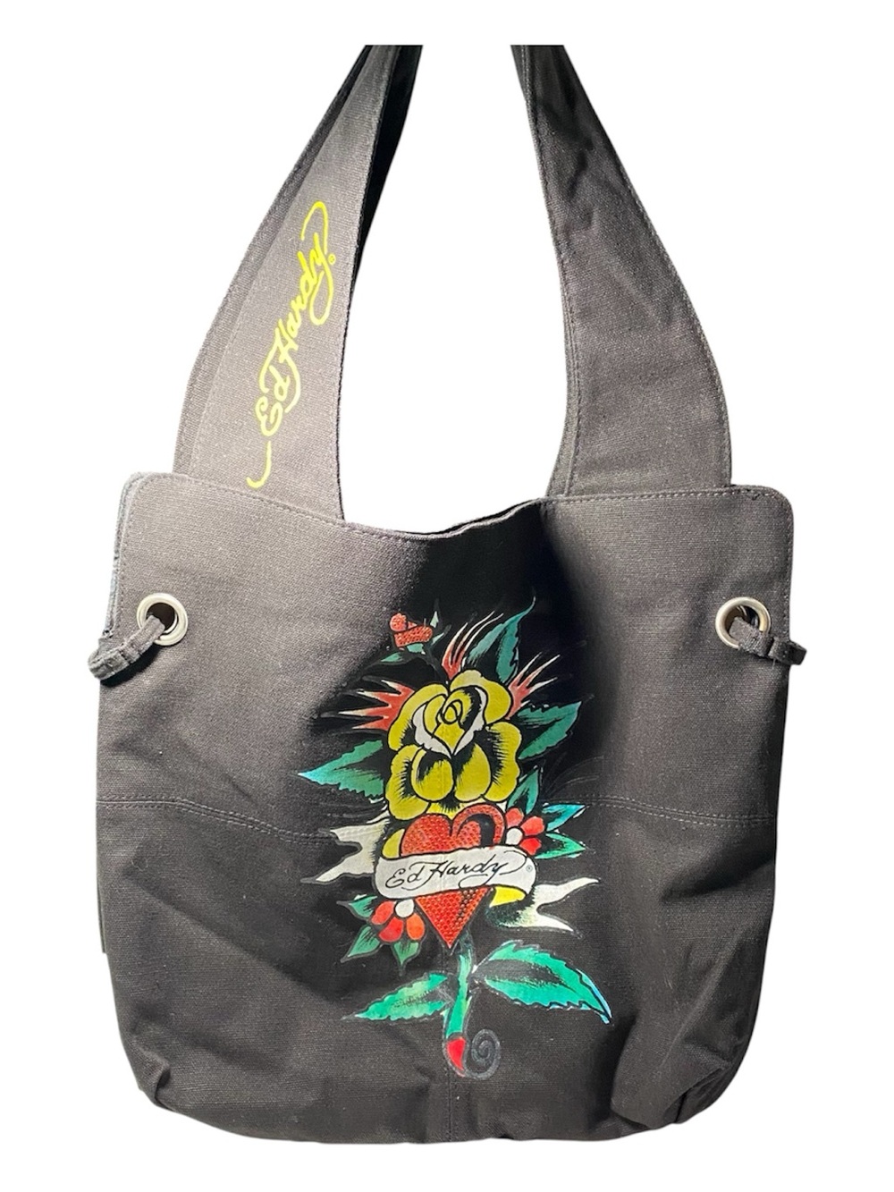 Vintage Ed Hardy Nia Tote Black Cotton Canvas Y2K Painted Shoulder Bag Graphics